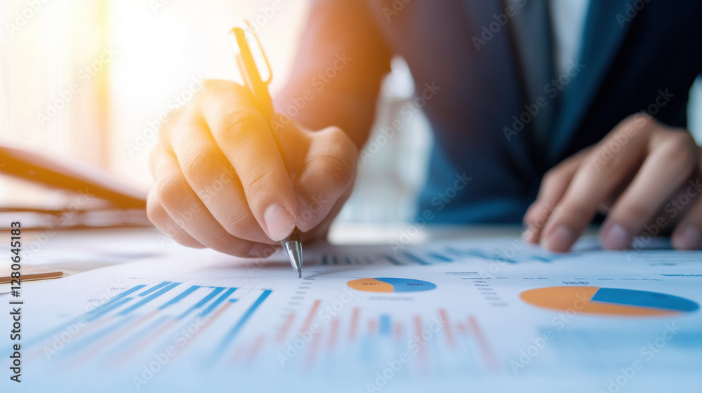 Poster business professional analyzing financial charts and graphs with focus and precision