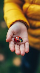 A child gently holds a colorful ladybug on their palm. This vibrant scene captures the wonder of nature and childhood curiosity. Embrace the beauty of small creatures. Generative AI