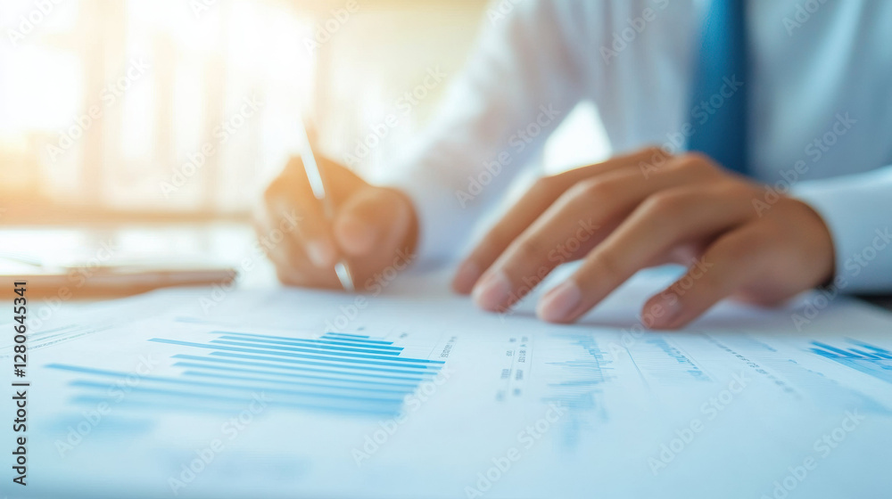 Poster Businessman analyzing financial data with focus on graphs and charts