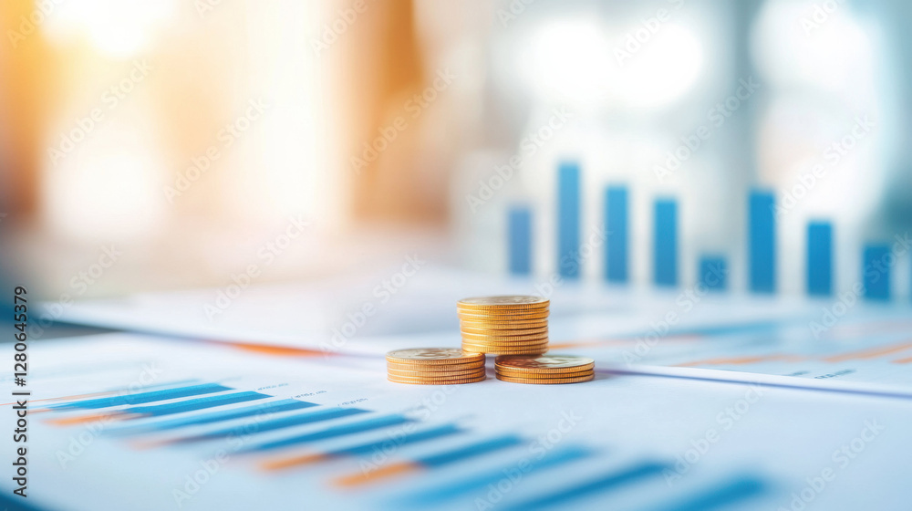 Poster Stacked coins on financial documents with bar graphs in bright office setting