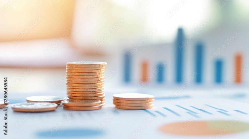 Poster Stacked coins on financial documents with blurred charts in background
