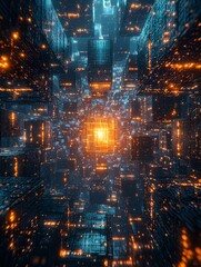 Fototapeta premium A digital cityscape featuring glowing cubes arranged in a cyberpunk style