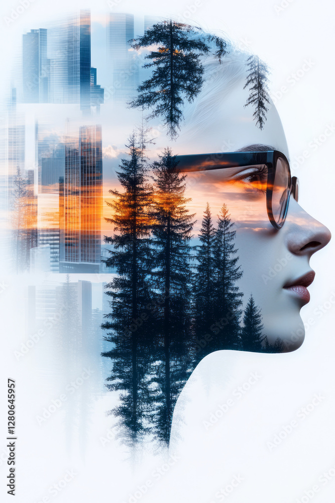 Poster Subtle double exposure overlaying a contemplative side-profile portrait with minimal geometric