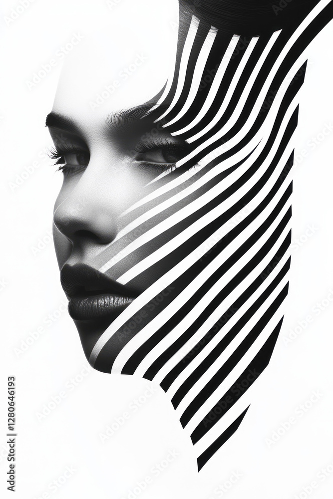 Poster minimal face in high-contrast black and white merging with luminous 3d building outlines,