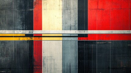 Abstract geometric art with red, black, grey, and yellow stripes on a textured background.
