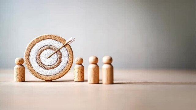 Wooden toy people standing around a target with a white circle and arrow, representing strategic planning, economic growth, and business opportunities