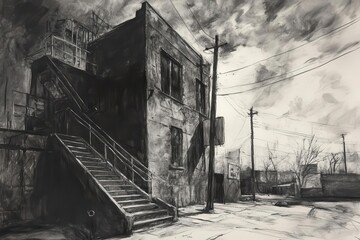 Fototapeta premium urban landscape rendered in dramatic charcoal technique, high contrast, architectural details