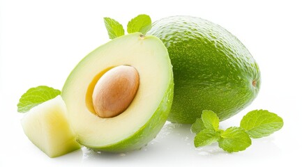 Fresh Green Avocados with Mint Leaves for Healthy Cuisine and Wellness Ingredient Presentation