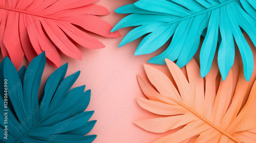 Poster fluid abstract arrangement of large palm-like leaves fading from bold teal at the base to pastel