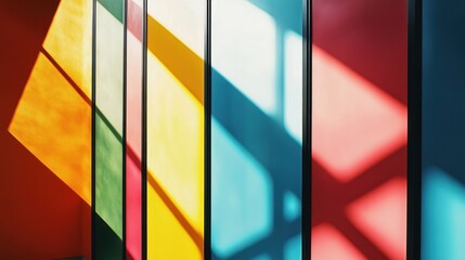 Vibrant shadows play across colorful walls, creating an artistic interplay of light and color in a contemporary space.