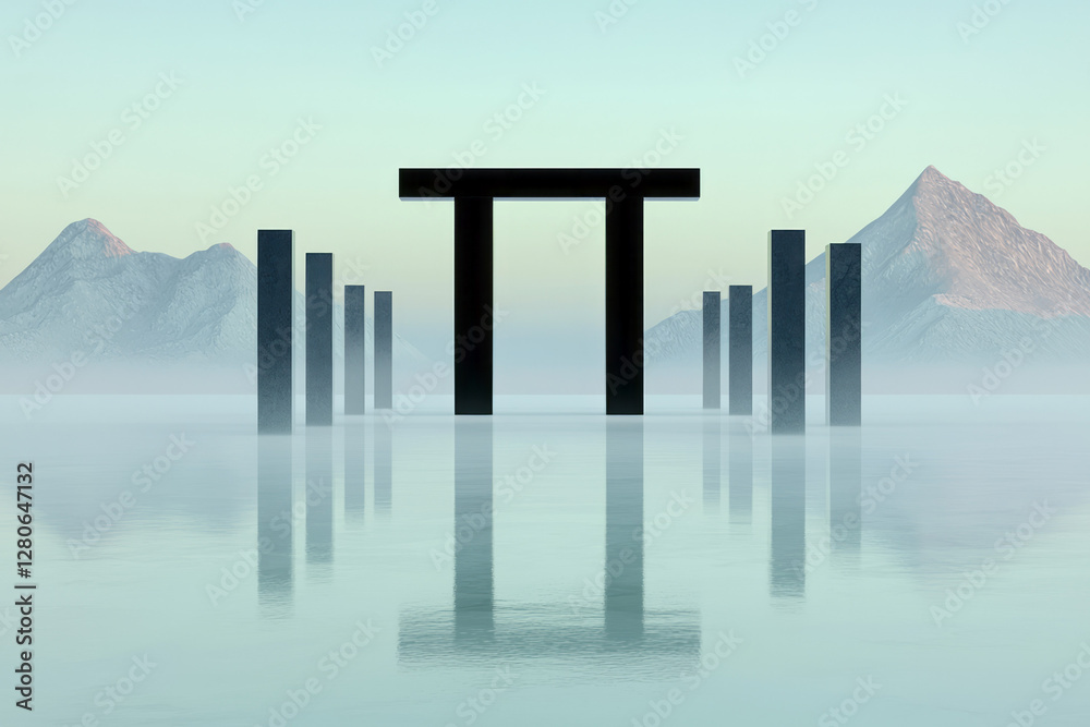 Aufkleber a streamlined torii gate in matte black, set among tall, glossy rectangular columns in monochrome