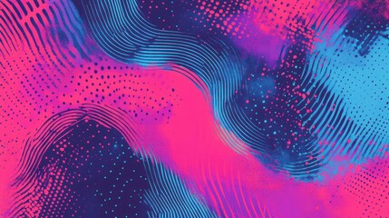 A vibrant abstract pattern featuring swirling lines and dots in pink and blue hues, creating a dynamic and energetic visual.