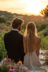Couple watching sunset during outdoor picnic, embracing nature's beauty.