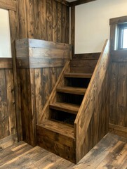 Rustic wooden staircase design cozy home interior architecture warm environment indoor viewpoint contemporary concept for enhanced aesthetics
