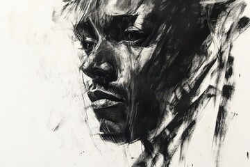 urban minimalist charcoal sketch portrait with bold gestural lines, emotional expression, and dynamic composition on textured paper