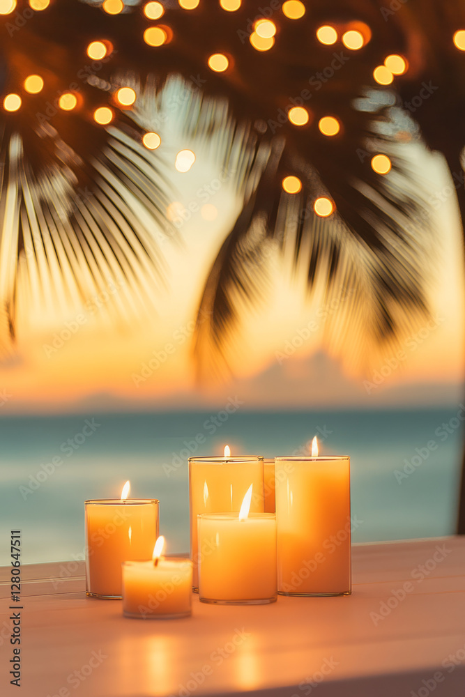 Poster candlelit table under a canopy of palm fronds, with a soft golden bokeh glow radiating from distant