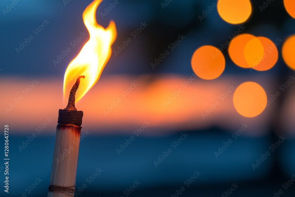 Poster tiki torch flame flickering in twilight, contrasted by blurred, fairy-light bokeh in warm tones