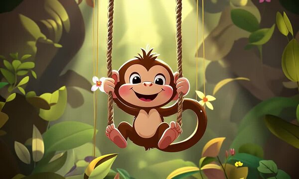 Happy monkey swinging in lush jungle, sunlight