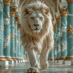 magnificent albino lion walking in the middle of a ancient hall, where nature has taked control, trumpet vine and wisteria. 