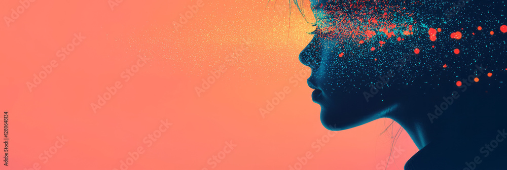Poster silhouette style image where only the contours of her face and shoulders are illuminated, with