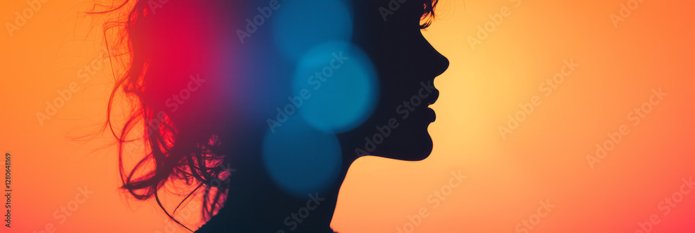Aufkleber silhouette style image where only the contours of her face and shoulders are illuminated, with