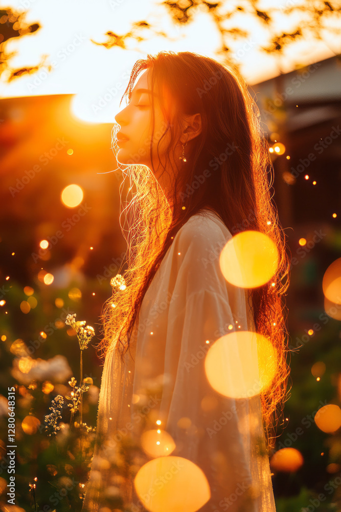 Poster rustic outdoor setting awash in warm light, her figure outlined in a soft glow, while faint bokeh