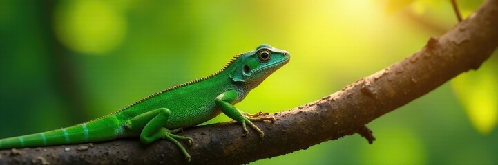Fototapeta premium An emerald lizard is seen basking in the warm sunlight on a tree branch, lizard, scenery, natural