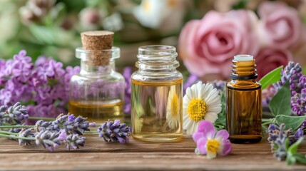 Beautiful glass bottles filled with essential oils surrounded by fresh flowers and herbs, creating a tranquil, aromatic atmosphere.
