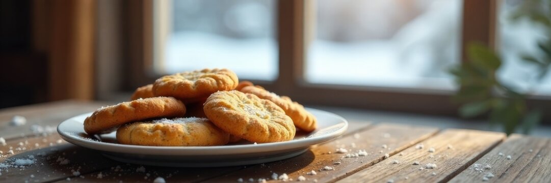 A plate of cooled Levkoy cookies on a wooden table with a winter landscape through the window behind, winter, table