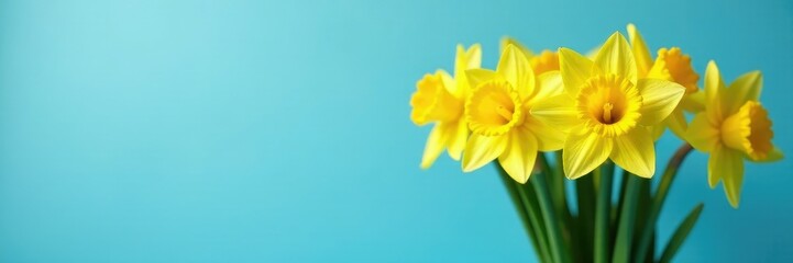 Obraz premium A row of bright yellow daffodils in a vase against a blue background, floral arrangements, bouquet arrangement