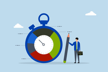 Time tracking system, businessman stands with stopwatch timer and time spent pie chart. 