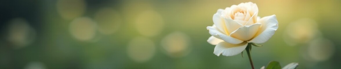 A single white rose with defocused details on a soft background, soft focus, single bloom
