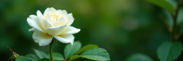 Obraz premium A single white rose petals fall from a thorny bush, closeup, wild rose