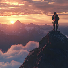 Fototapeta premium Summit Silhouette: A lone figure stands triumphant atop a majestic mountain peak, silhouetted against a breathtaking sunset vista. Embracing the beauty of nature, journeying towards accomplishment.
