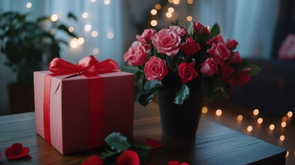 Obraz premium Gift Box and Bouquet of Roses on Table with Soft Bokeh Background