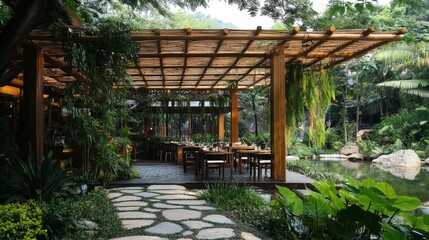 Fototapeta premium Serene Outdoor Dining Experience in a Tropical Garden