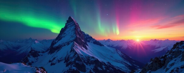 Aurora borealis above mountain peak at sunrise, sunrise, landscape, aurora
