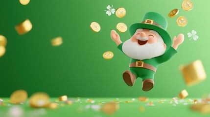 Fototapeta premium A cheerful leprechaun in green celebrates with gold coins against a vibrant green background, embodying luck and joy.