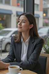 Obraz premium Medium shot of the businesswoman sitting at a café table with her coffee cup in hand, looking out the window
