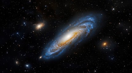 Fototapeta premium A stunning spiral galaxy spins in the depth of space, showcasing swirling blue and gold hues. Nearby, several smaller galaxies add to the cosmic scene under a blanket of stars