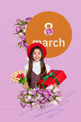Composite collage picture image of cute little girl hold present box excited international woman day postcard weird freak bizarre unusual