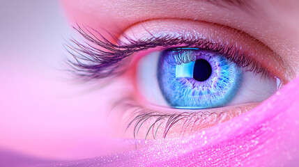 Gentle ring lighting reflecting in a bright blue iris, with translucent purple fabric drifting in