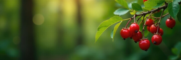 Obraz premium Clusters of small red rowan berries hanging from branch tips, rowan tree, forest floor