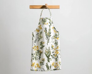 Floral patterned apron hanging in minimalist kitchen apparel indoor close-up aesthetic cooking concept