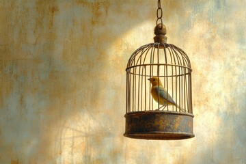 A lone yellow bird sits in an old, rusty cage hanging against a textured wall.