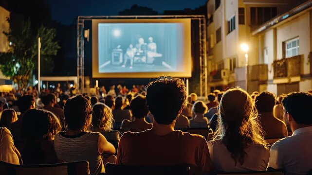 People gathering outdoors at night for aie screening in a vibrant community space, Back view of people watching aie projected on a large screen outdoors at night