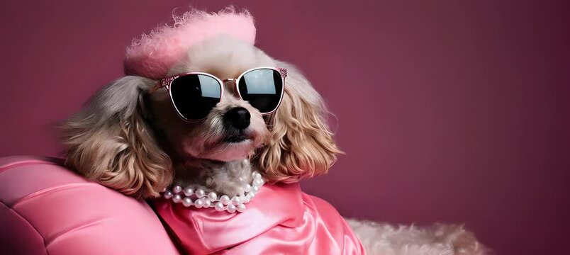 Glamorous poodle in sunglasses and pink ensemble exudes elegance and charm