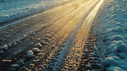 Soft sunlight reflects off a glistening icy road scattered with patches of snow, illuminating the tranquil scene. The peaceful setting evokes a sense of calm in winter