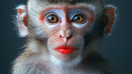 A unique monkey sits against a dark backdrop, displaying vivid eyes and distinctively colored lips. The monkeys expression is both curious and captivating, drawing attention to its features