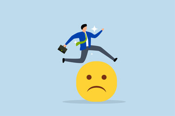 Overcome stress and anxiety, businessman jump over sad and negative emotion face.